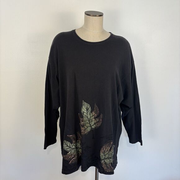 Blue Fish Artwear Tunic Top Lagenlook OS Hand Painted Leaf Embellished Cotton - Picture 1 of 12